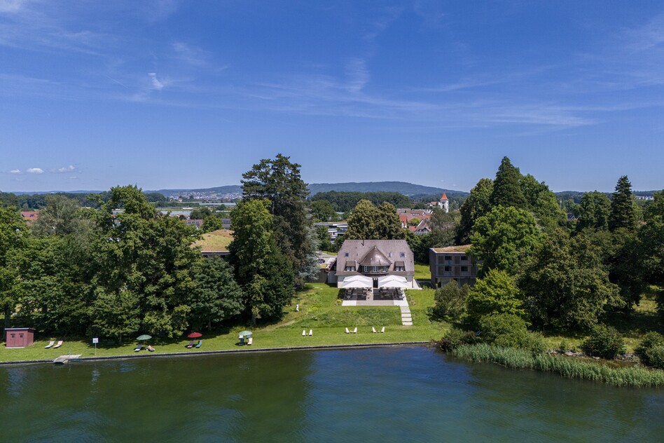 A panoramic view of Seegut Zeppelin from Lake Constance in Friedrichshafen