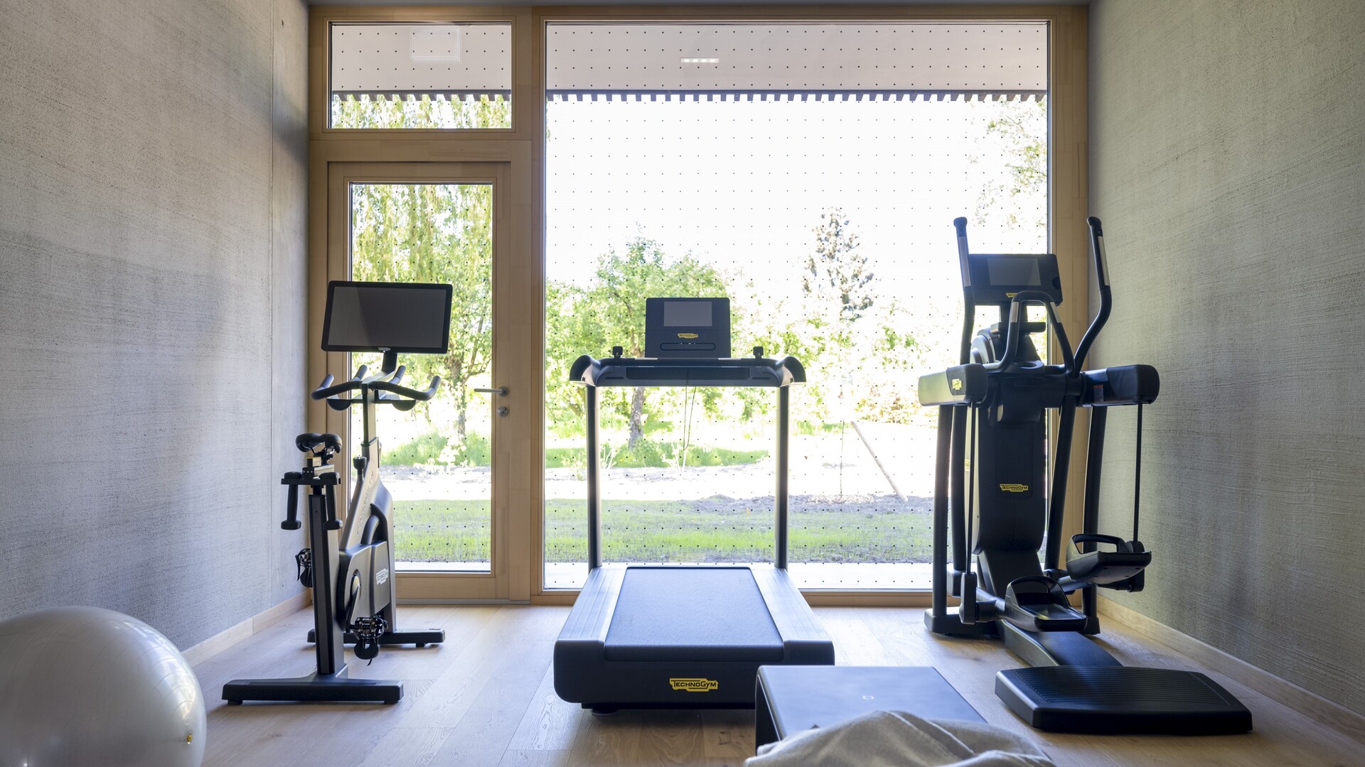 Fitnessraum im Garten Spa des Seegut Zeppelin mit Ausdauergeräten und großen Fenstern mit Gartenblick