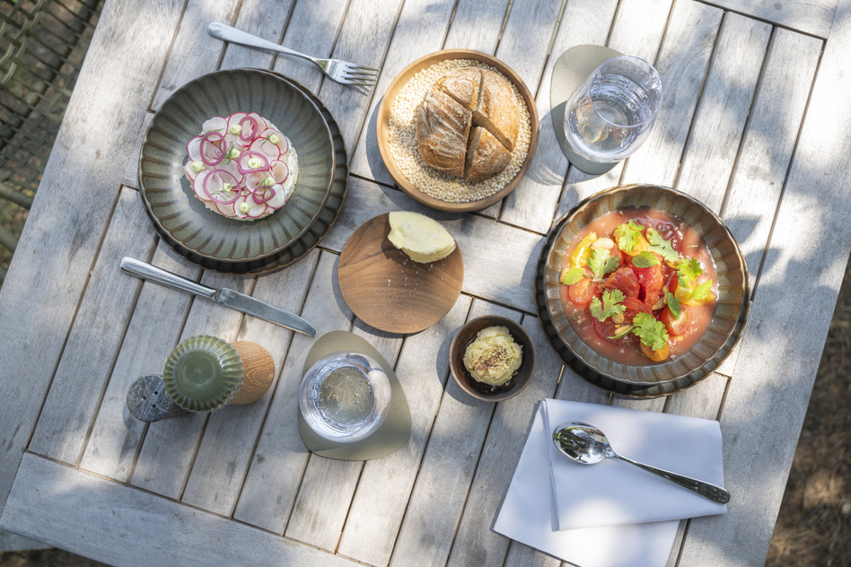 Sommerlich gedeckter Tisch mit Gerichten im Restaurant Pinus