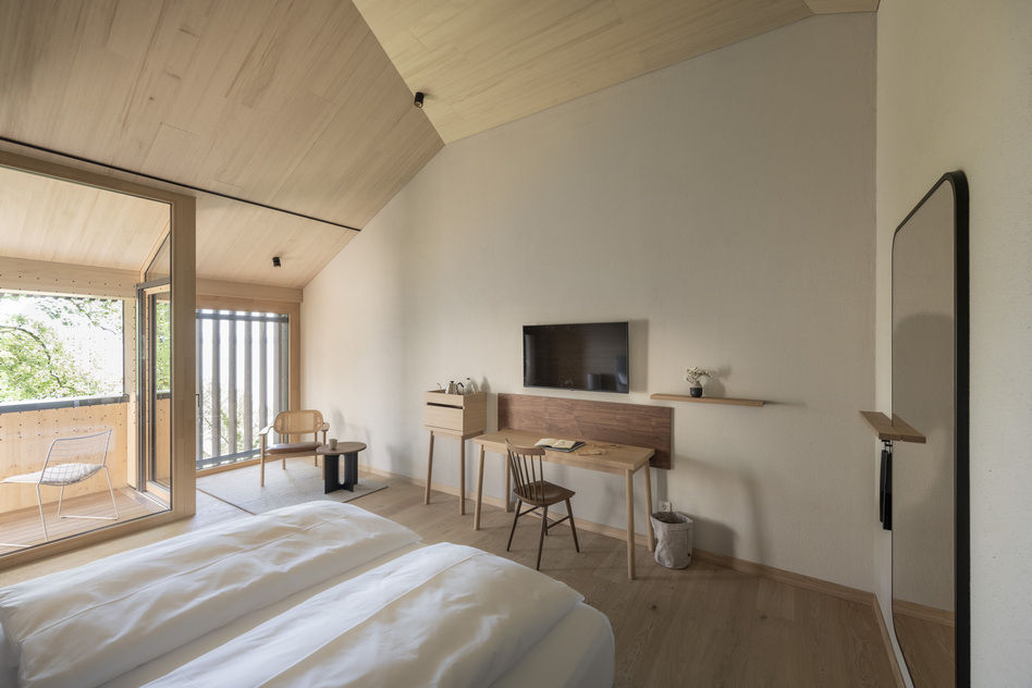 Waldzimmer im Seegut Zeppelin mit Weißtanne-Dachschräge, Bett, Schreibtisch, Wandfernseher und Balkon