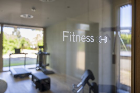 Fitnessraum mit Technogym-Ausstattung und Blick auf den Garten – Seegut Zeppelin